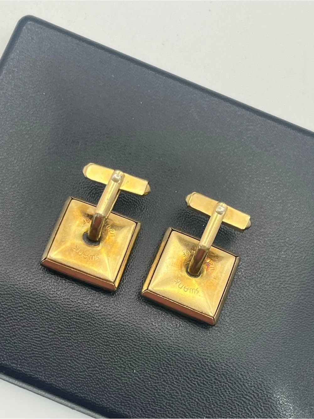 Swank 12k gold filled diamond chip black stone square cufflinks vintage